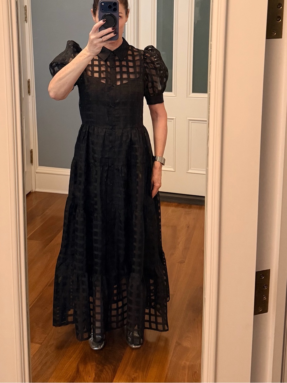 English Factory Black Sheer Grid Maxi Dress with Puff Sleeves